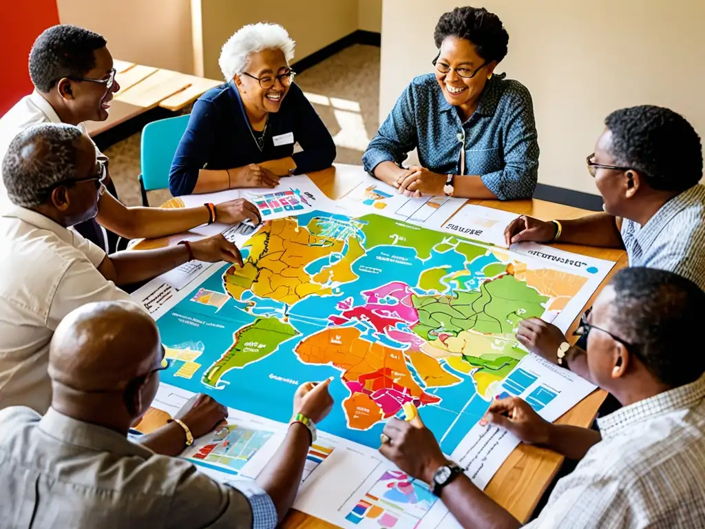 Una reunión comunitaria vibrante y diversa sobre planificación territorial comunidades locales