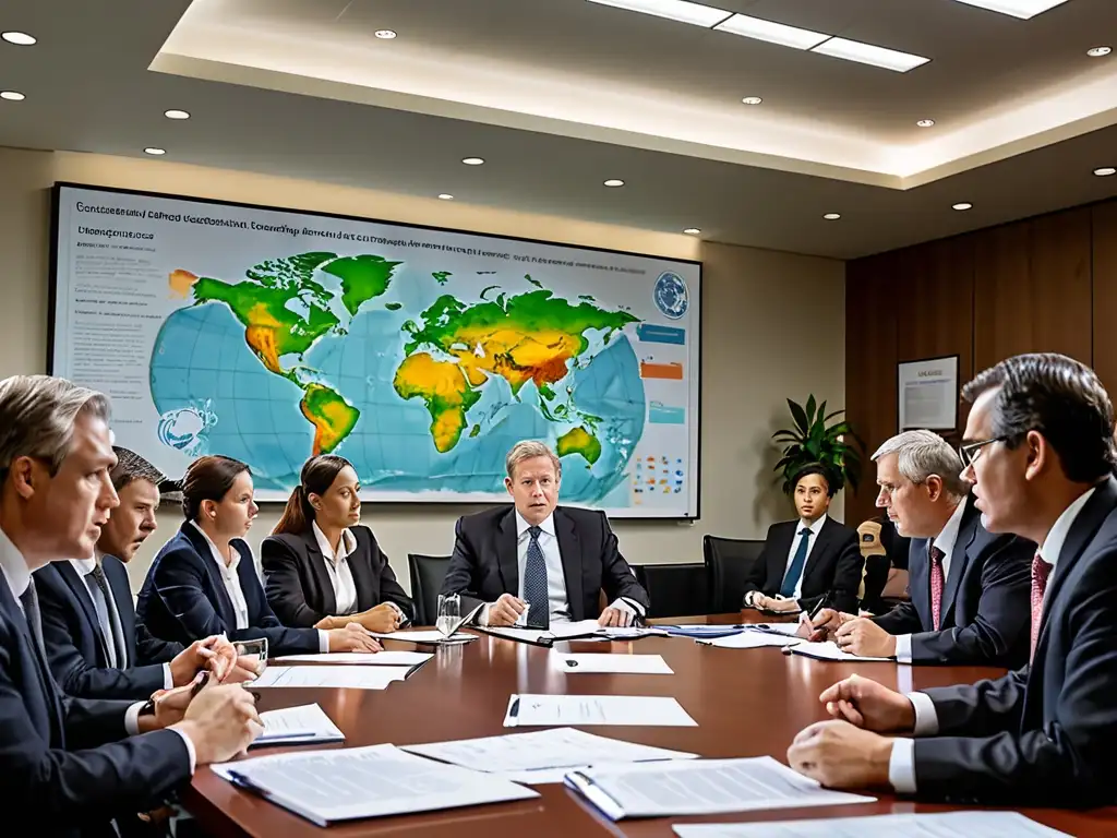 Reunión ejecutiva en sala de juntas, con abogados y documentos sobre normativa internacional de cambio climático