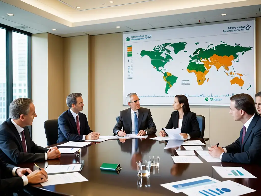 Reunión de ejecutivos corporativos discutiendo legislación ambiental y responsabilidad