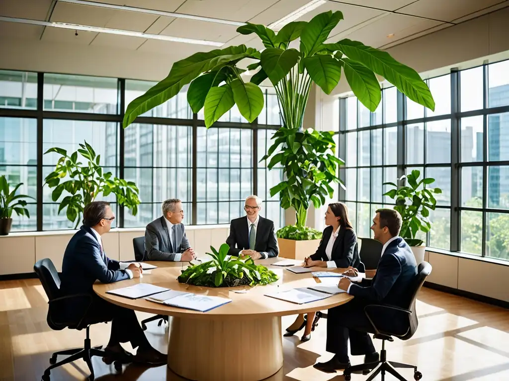 Reunión de ejecutivos y expertos en un ambiente iluminado por luz natural, discutiendo prácticas empresariales sostenibles