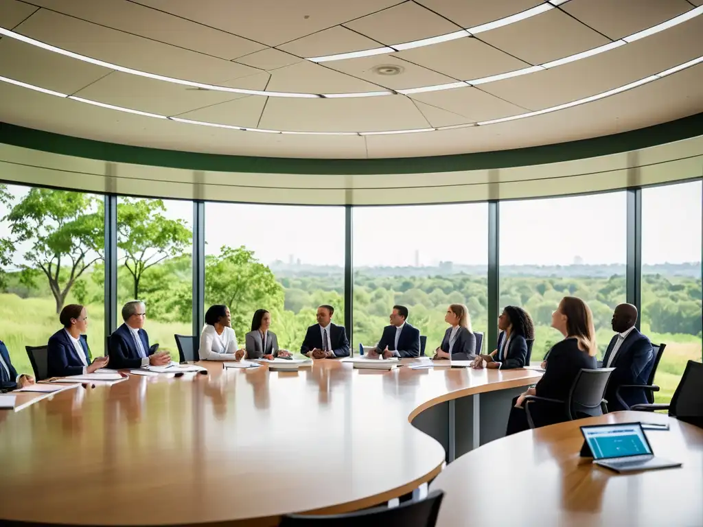 Una reunión de gobernanza corporativa sostenible con ejecutivos colaborando hacia un impacto global positivo en el medio ambiente