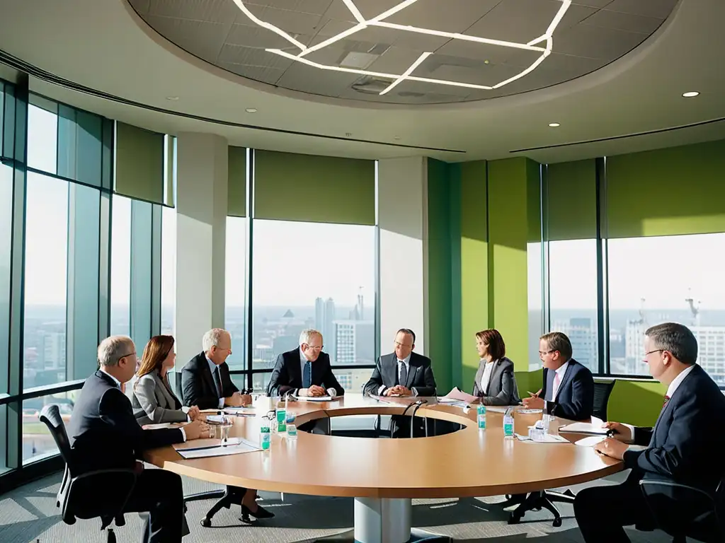 Reunión de líderes empresariales y funcionarios debatiendo sobre legislación ambiental