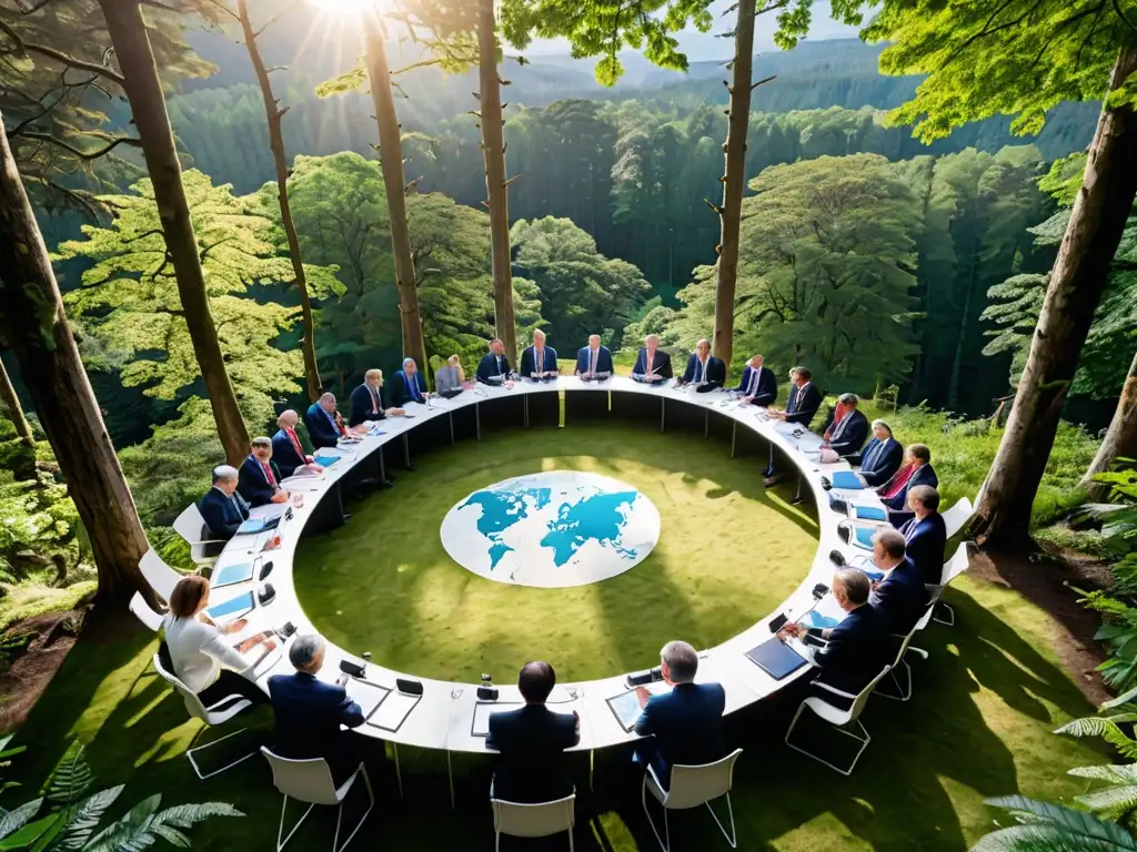 Reunión de líderes del G7 y G20 en un frondoso bosque, unidos en la lucha ambiental global