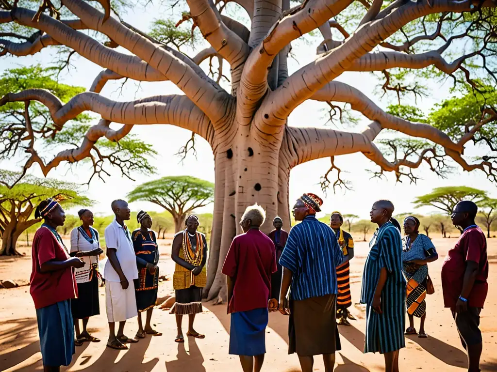 Reunión de líderes indígenas y activistas bajo un baobab en África, reflejando la unidad y determinación