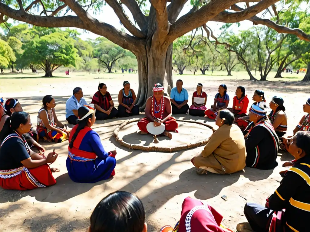 Reunión de líderes indígenas bajo un árbol, discutiendo leyes ambientales y tradicionales