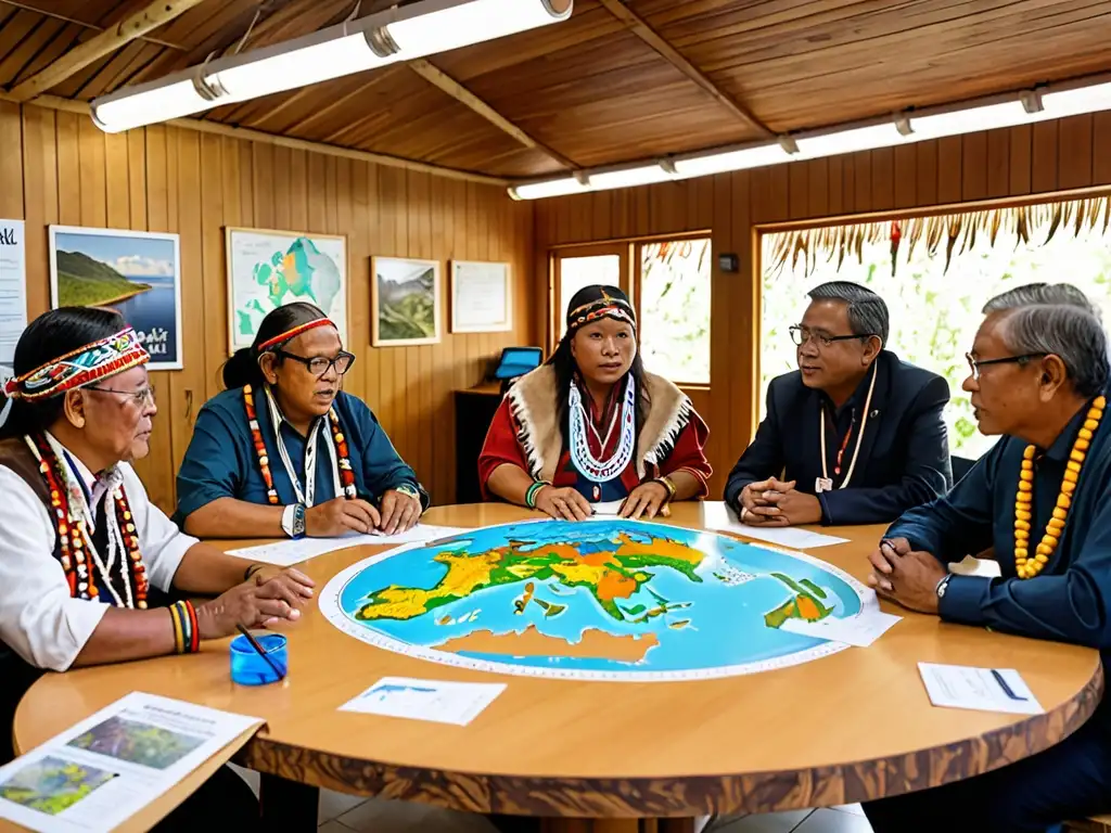 Reunión de líderes indígenas y expertos en gestión ambiental, integrando visiones para preservar la biodiversidad y la cultura