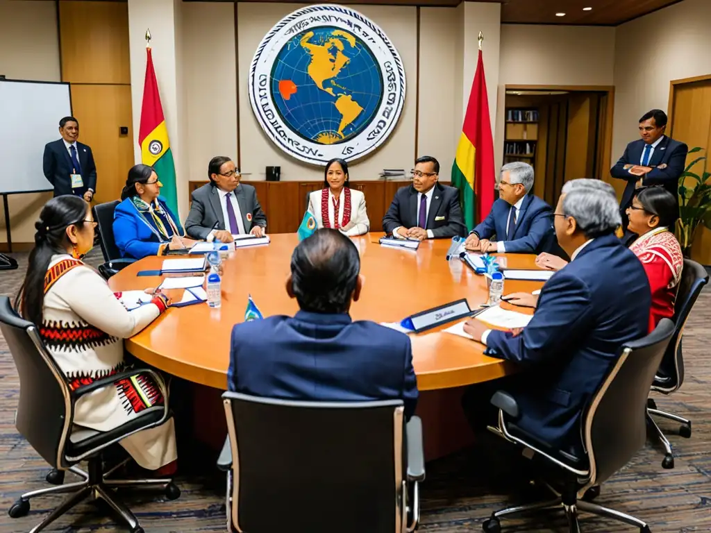 Reunión de líderes indígenas y funcionarios discutiendo legislación inclusiva para pueblos indígenas en América