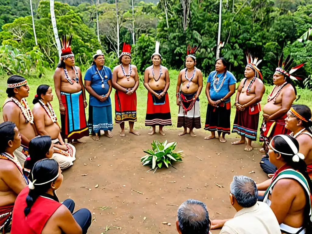 Reunión de líderes indígenas y miembros de la comunidad planificando la defensa territorial con determinación y empoderamiento