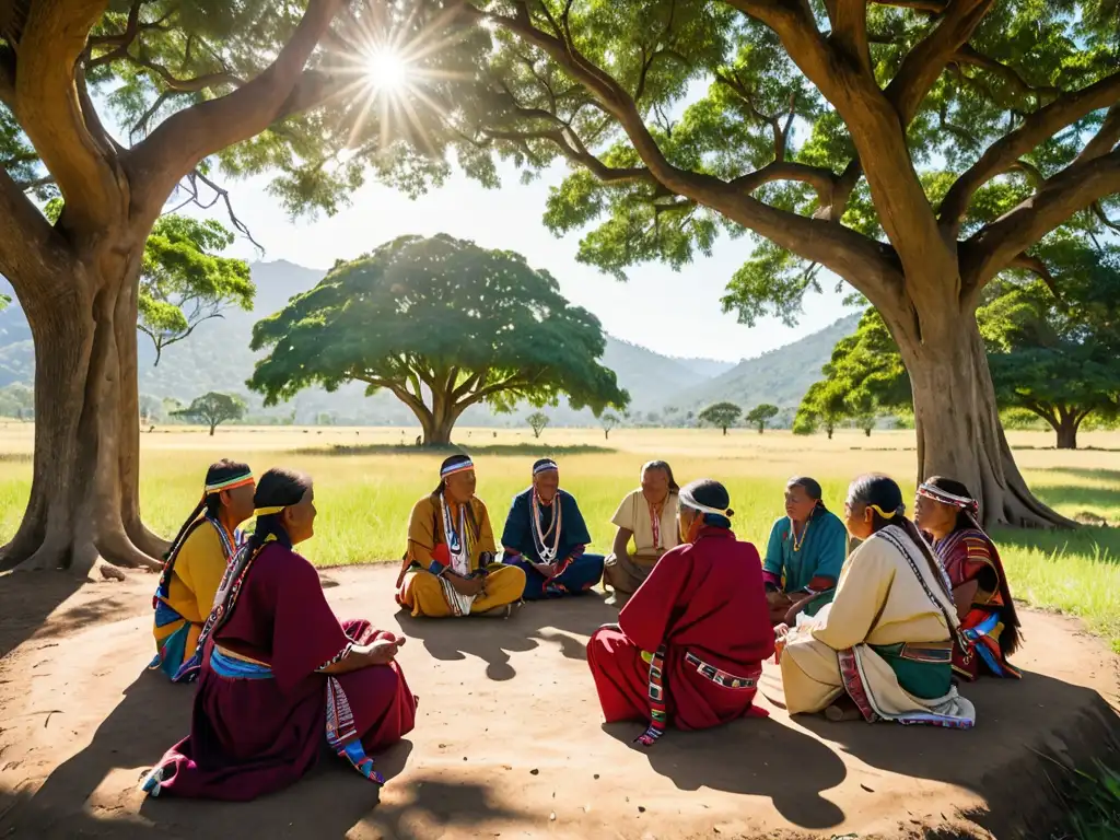 Reunión de líderes indígenas en negociación de conflictos territoriales, bajo un árbol frondoso