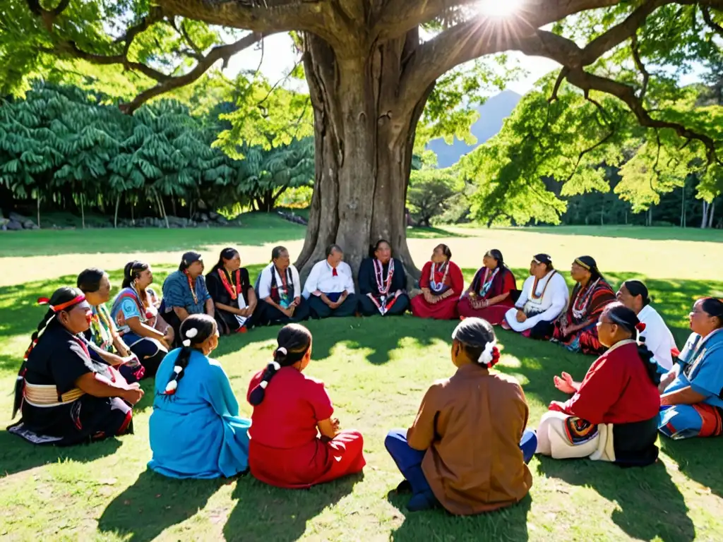 Reunión de líderes indígenas de América del Norte bajo un árbol, con expresiones de determinación y unidad