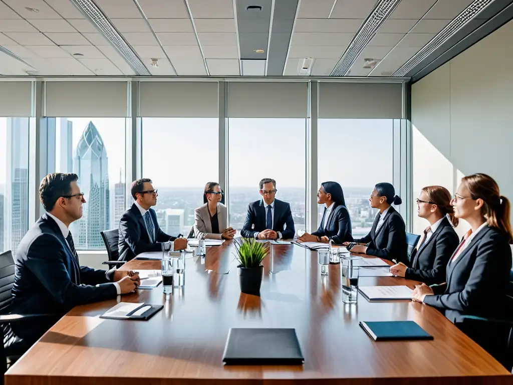 Reunión de sala de juntas corporativa con ejecutivos y asesores legales discutiendo casos de éxito en sostenibilidad corporativa