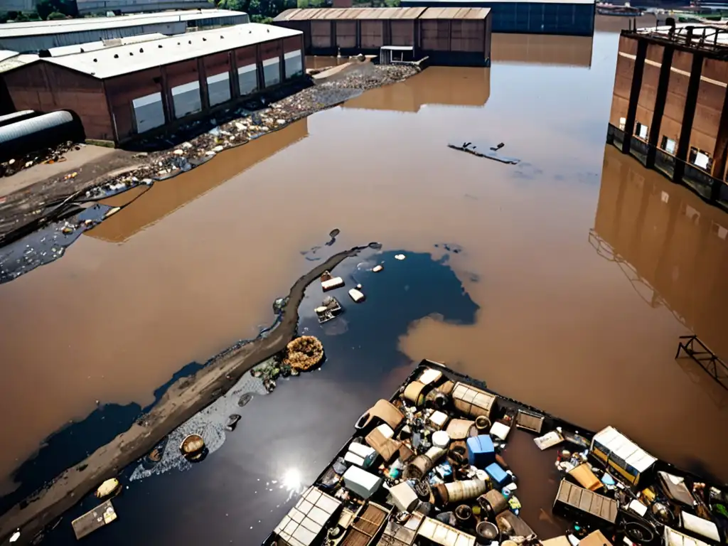 Un río contaminado con agua marrón y escombros flotantes, rodeado de edificios industriales y desechos