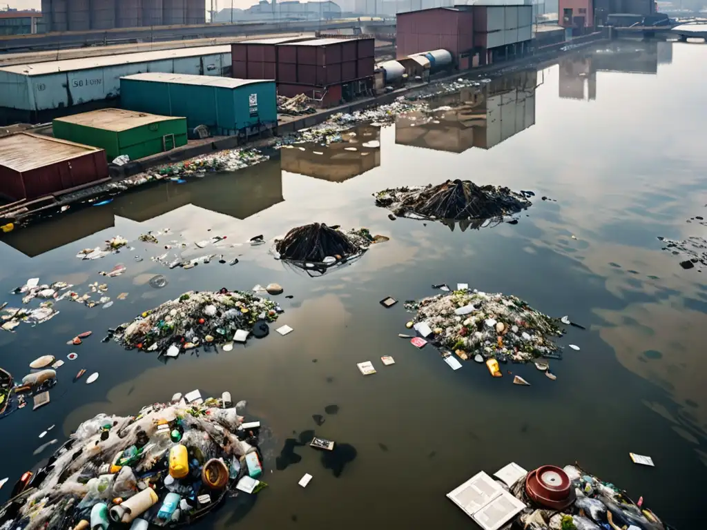 Río contaminado con basura flotante y humo de fábricas, ilustrando la necesidad de reforma de subsidios perjudiciales ambiente