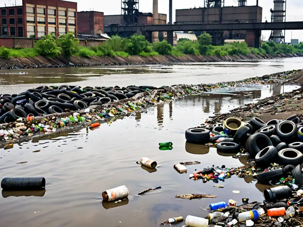 Un río contaminado con basura flotante, aguas oscuras y contaminación industrial