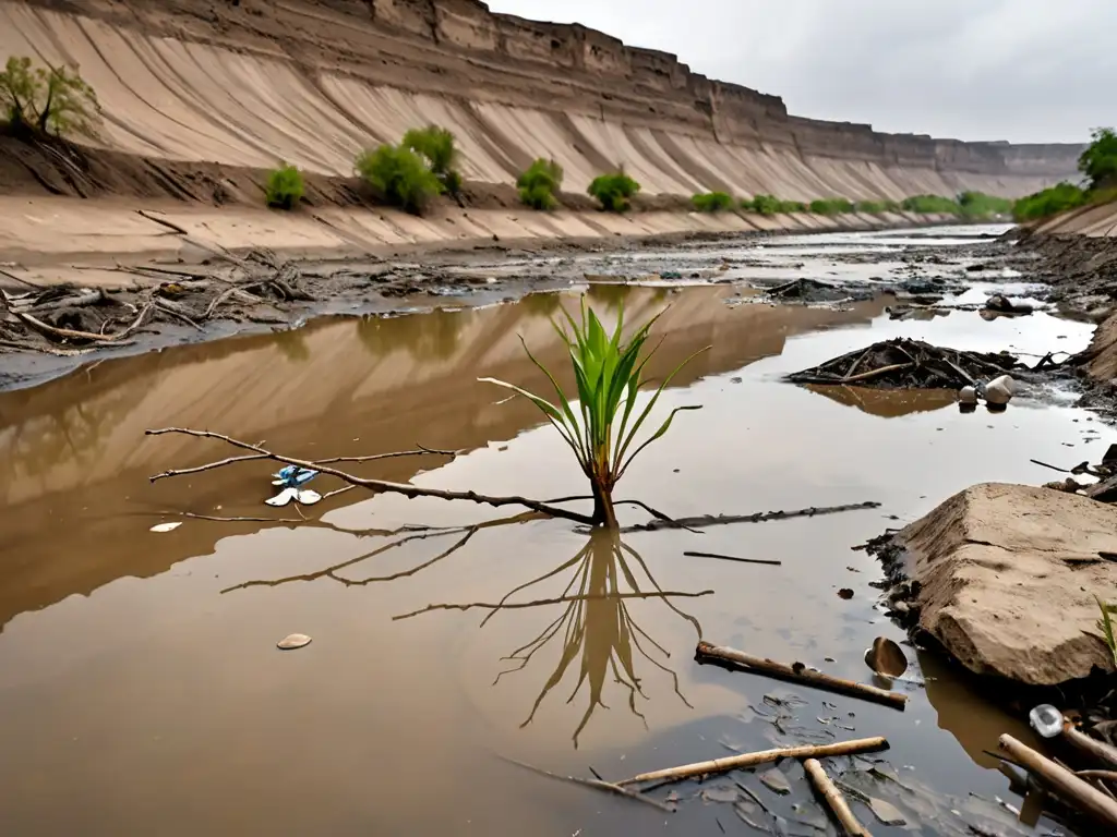 Un río contaminado refleja el cielo gris, con basura en las orillas