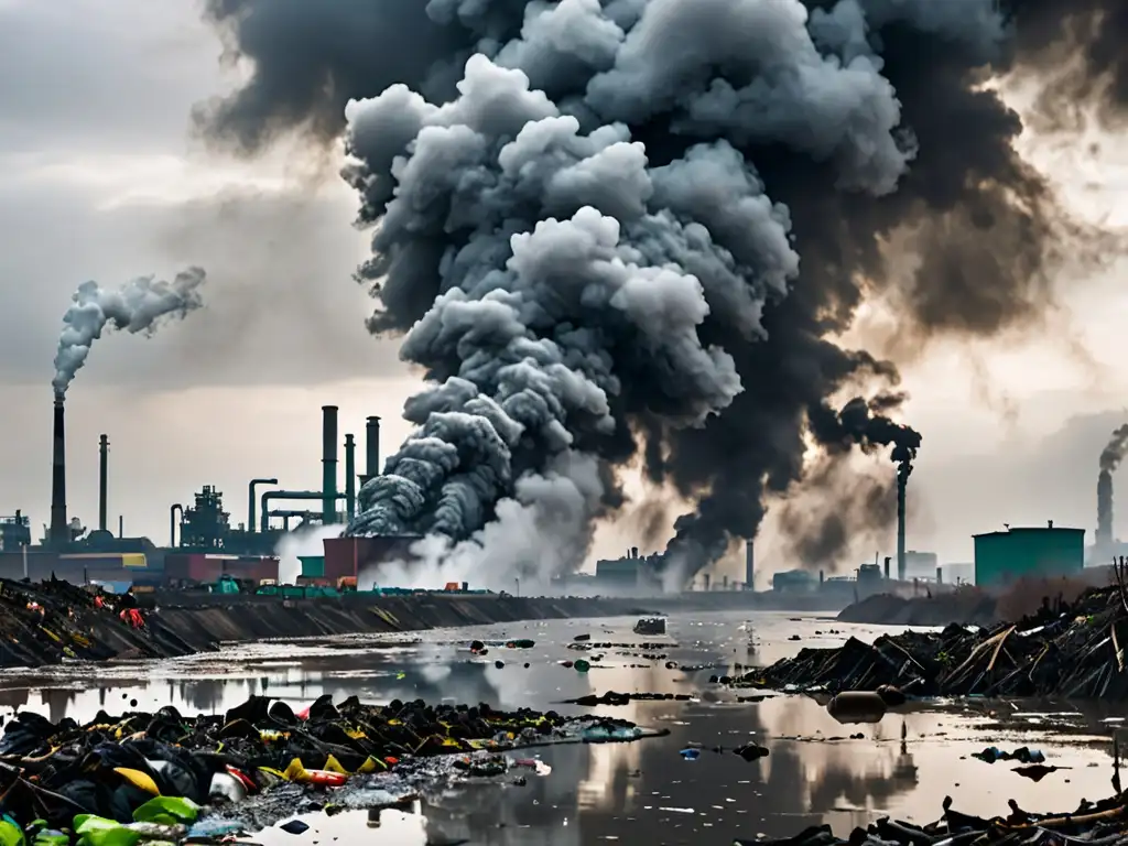 Un río altamente contaminado refleja un cielo gris y sombrío, con desechos plásticos y humo de fábrica