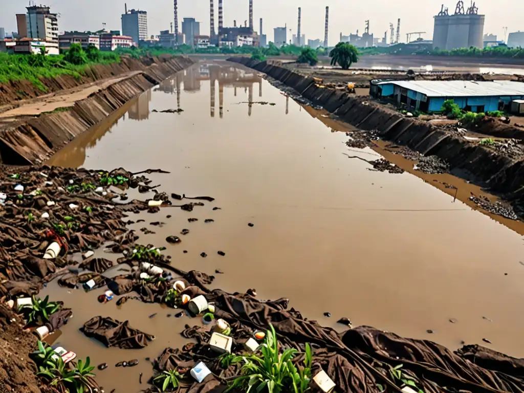 Un río altamente contaminado en una región de conflicto en Asia, reflejando un paisaje industrial