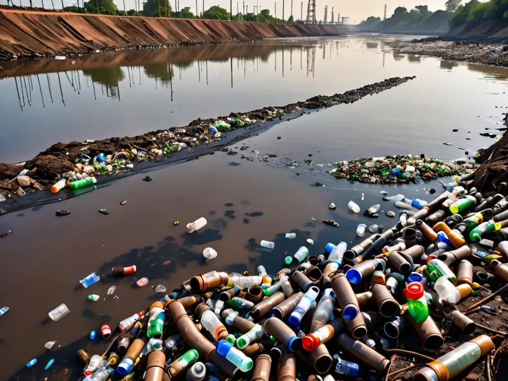 Río contaminado con desechos plásticos y residuos industriales, reflejando la urgente necesidad de reforma de subsidios perjudiciales ambiente