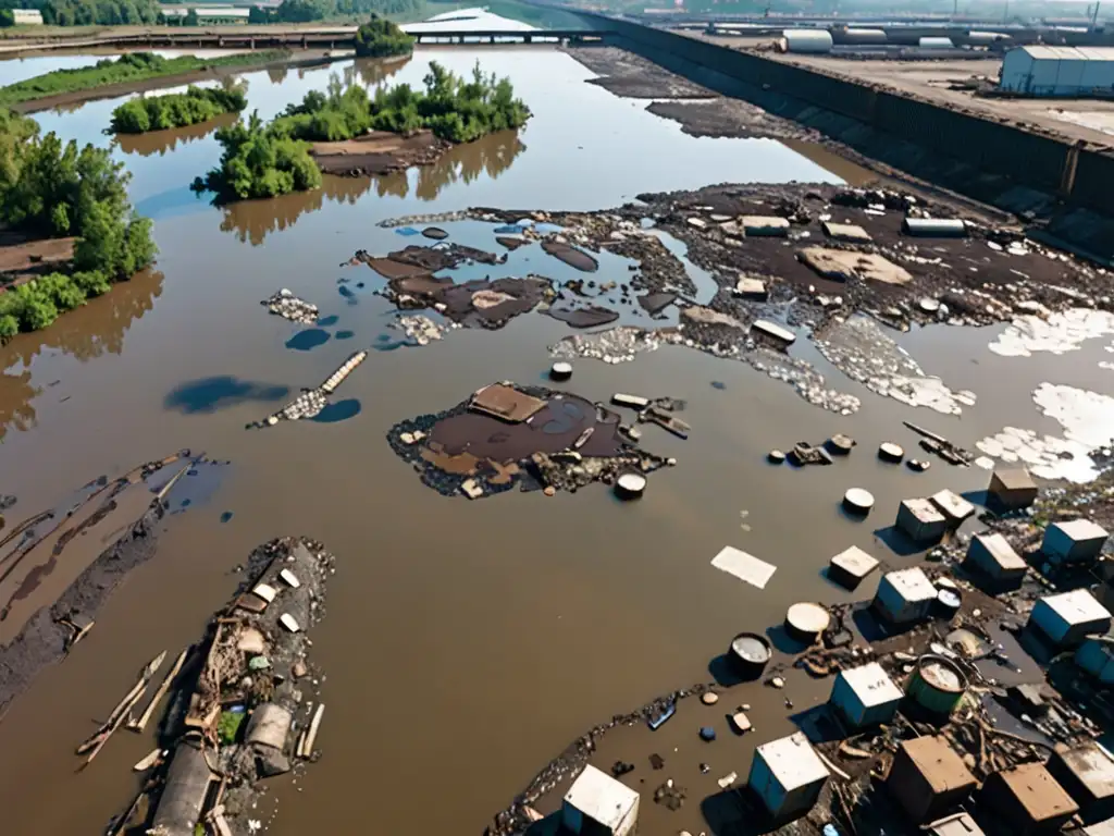 Un río contaminado con desechos flotando, rodeado de infraestructura industrial y tierra deforestada