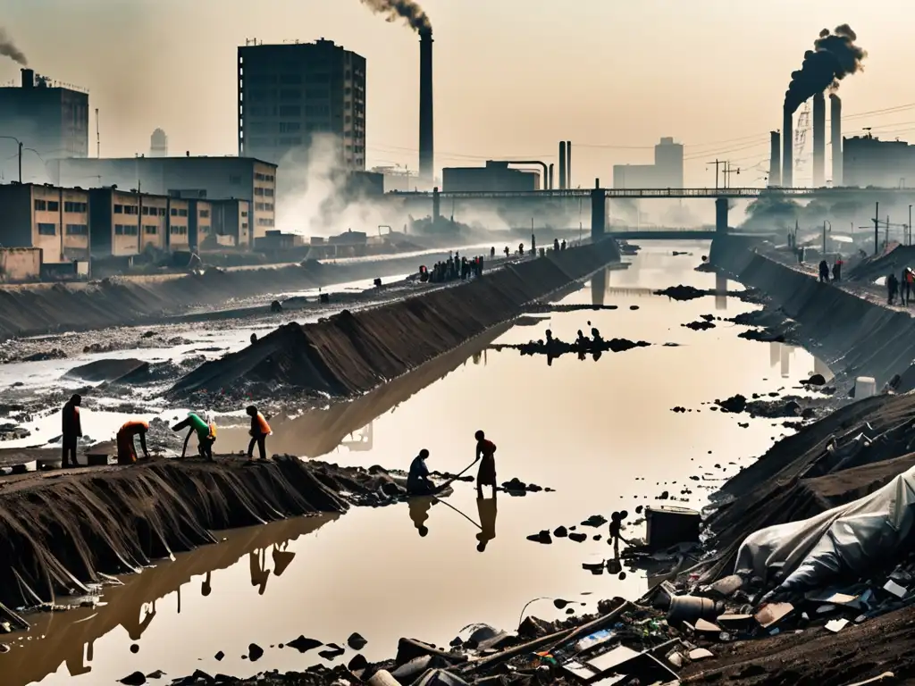 Un río contaminado serpentea entre edificios industriales, con una densa neblina de smog