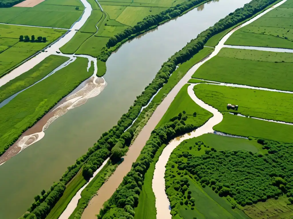 Río contaminado por la industria y la agricultura, con agua turbia y desechos