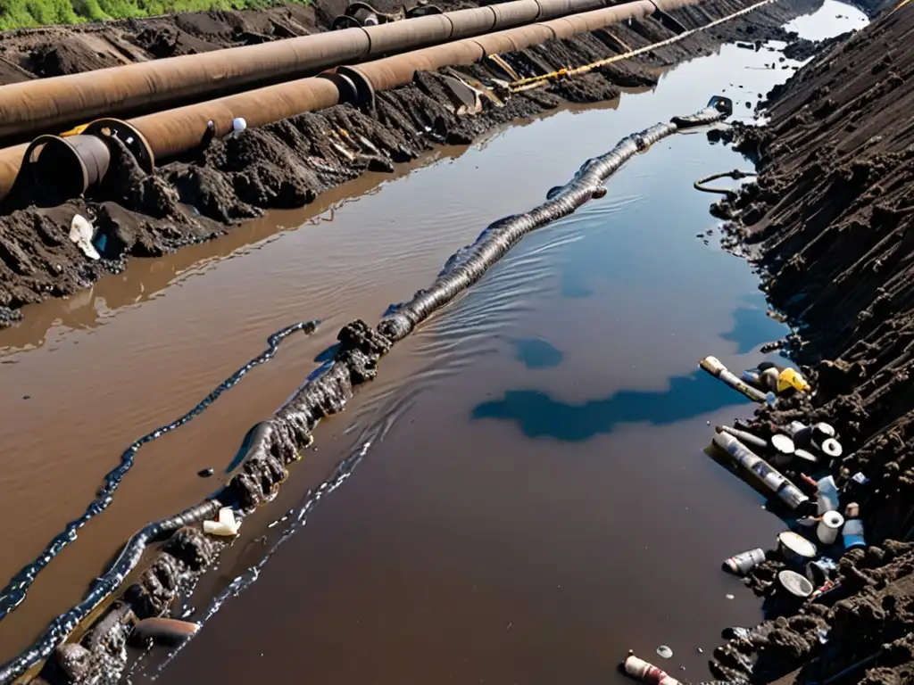 Un río contaminado con lodo oscuro y agua estancada, rodeado de basura y desechos