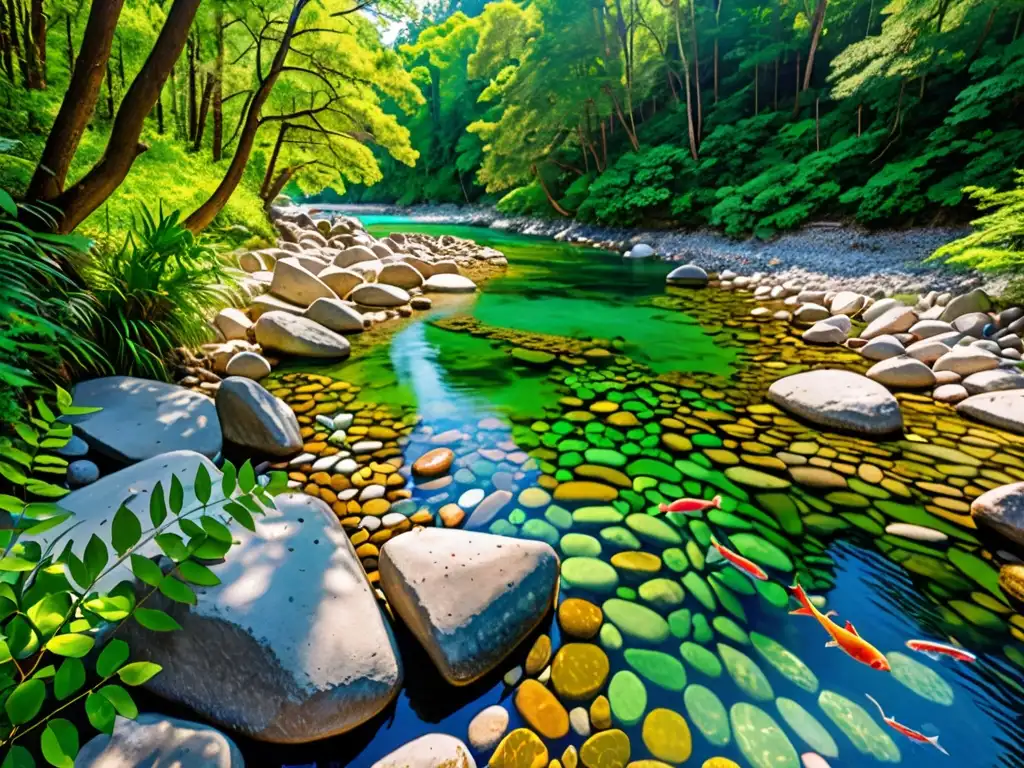 Un río cristalino serpentea entre un bosque exuberante, con flora diversa a sus orillas