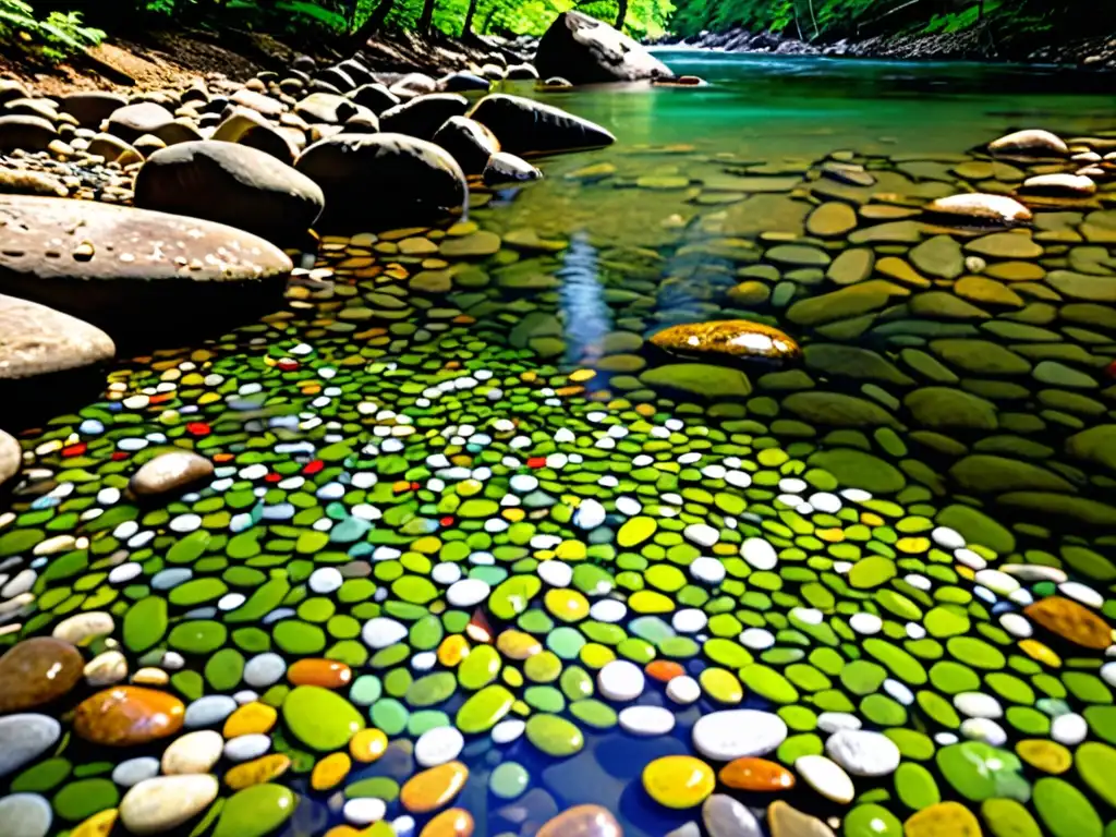 Un río cristalino fluye entre un bosque exuberante, reflejando la luz del sol