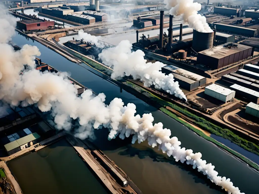 Un río oscuro y contaminado flanqueado por fábricas emitiendo humo, ilustrando la necesidad de reforma de subsidios perjudiciales ambiente