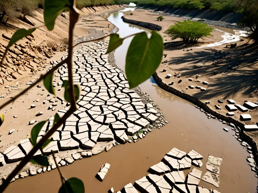 Un río seco y agrietado con escombros, contrasta con vegetación exuberante