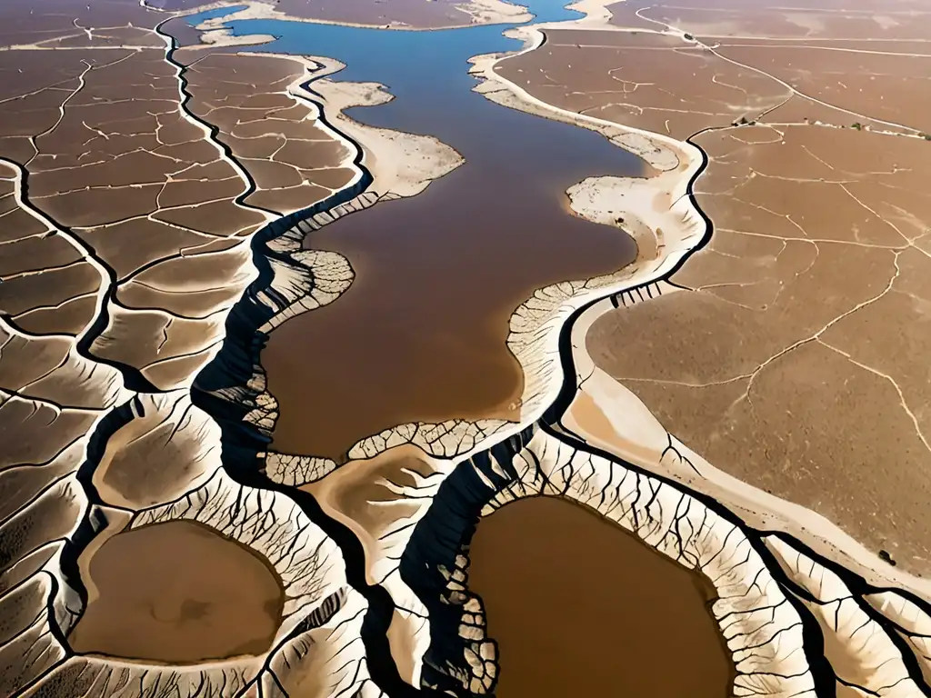 Un río seco y árido con árboles marchitos luchando por sobrevivir en un paisaje desolado