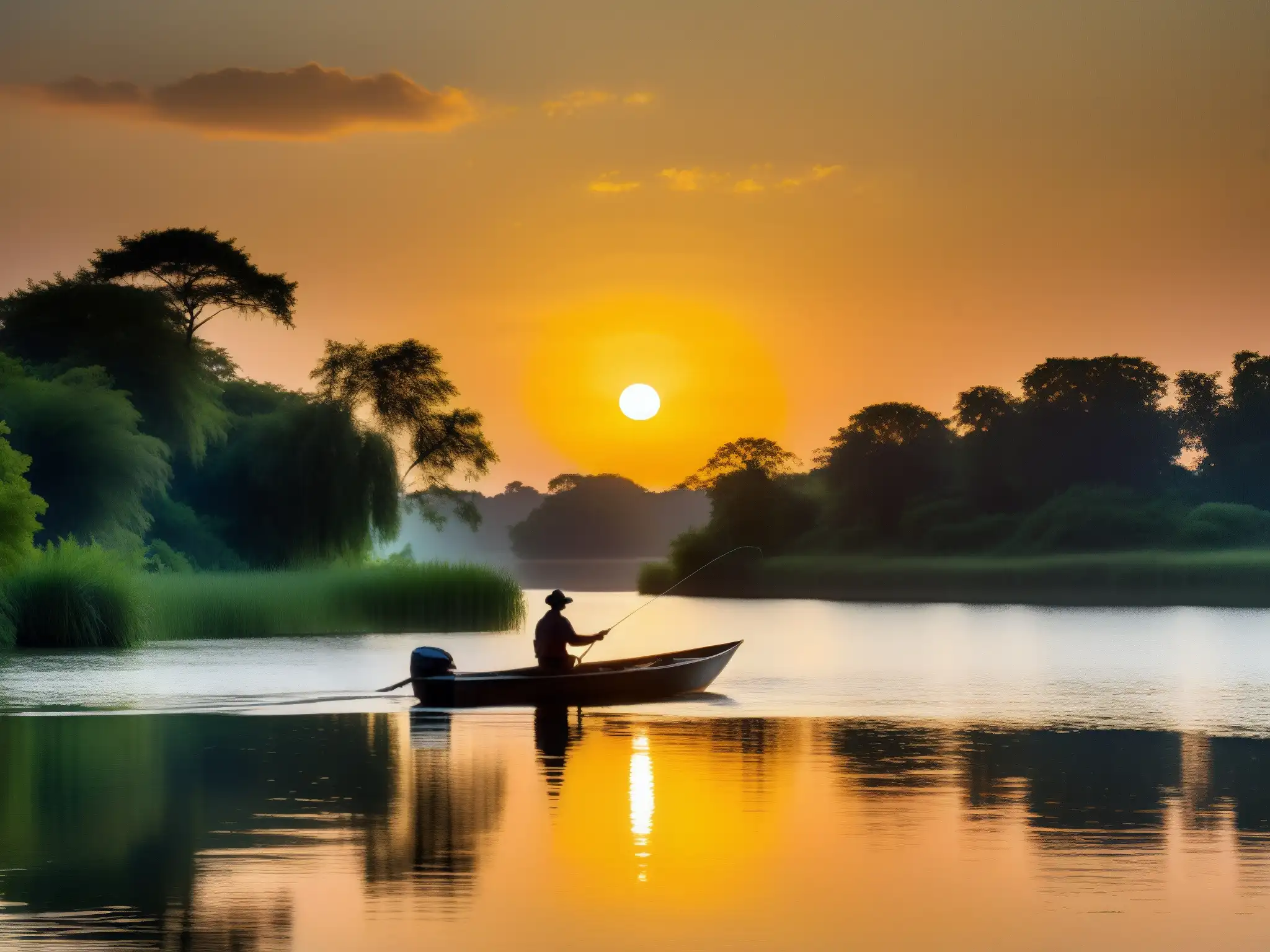 Un río sereno al atardecer, con un pescador en su barca