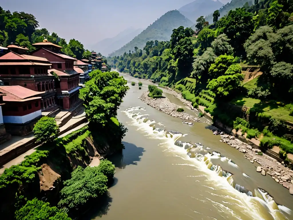 Río Bagmati en Nepal, fluye sereno entre exuberante vegetación