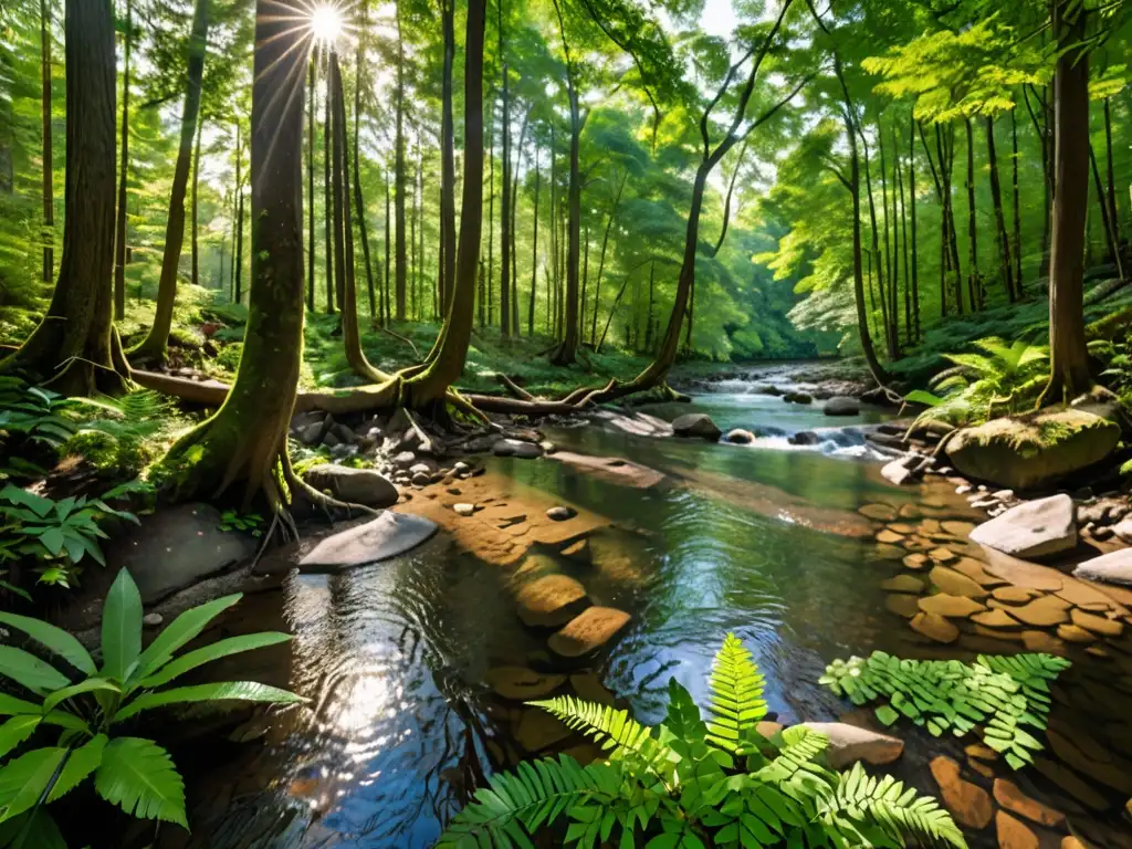 Un río sereno fluye entre exuberantes árboles y vegetación, reflejando la importancia del cumplimiento legal en la gestión ambiental