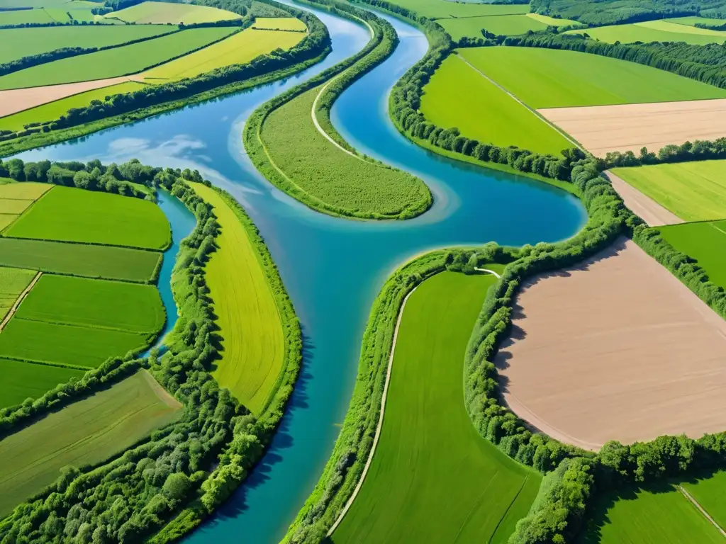 Un río serpenteante corta un paisaje verde con un cielo azul vibrante