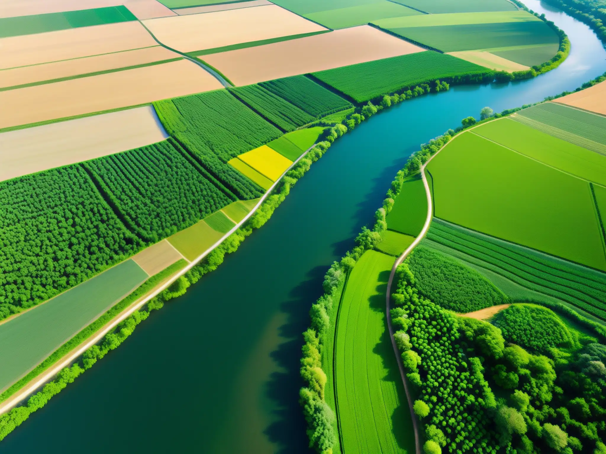 Un río serpenteante fluye entre un paisaje exuberante, con comunidades y campos agrícolas a lo largo de sus orillas