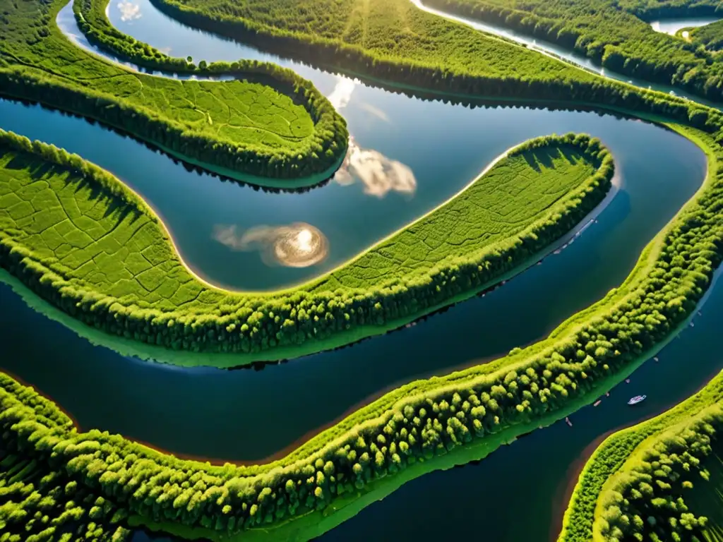 Un río serpenteante atraviesa un paisaje verde mientras los rayos dorados del sol iluminan la superficie del agua