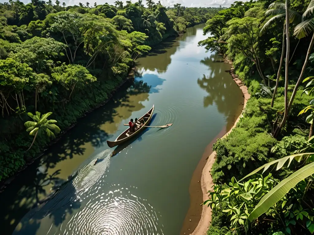 Río Tijibos: Belleza Natural y Conexión Humana Un río serpenteante en la selva con luz filtrándose entre la vegetación