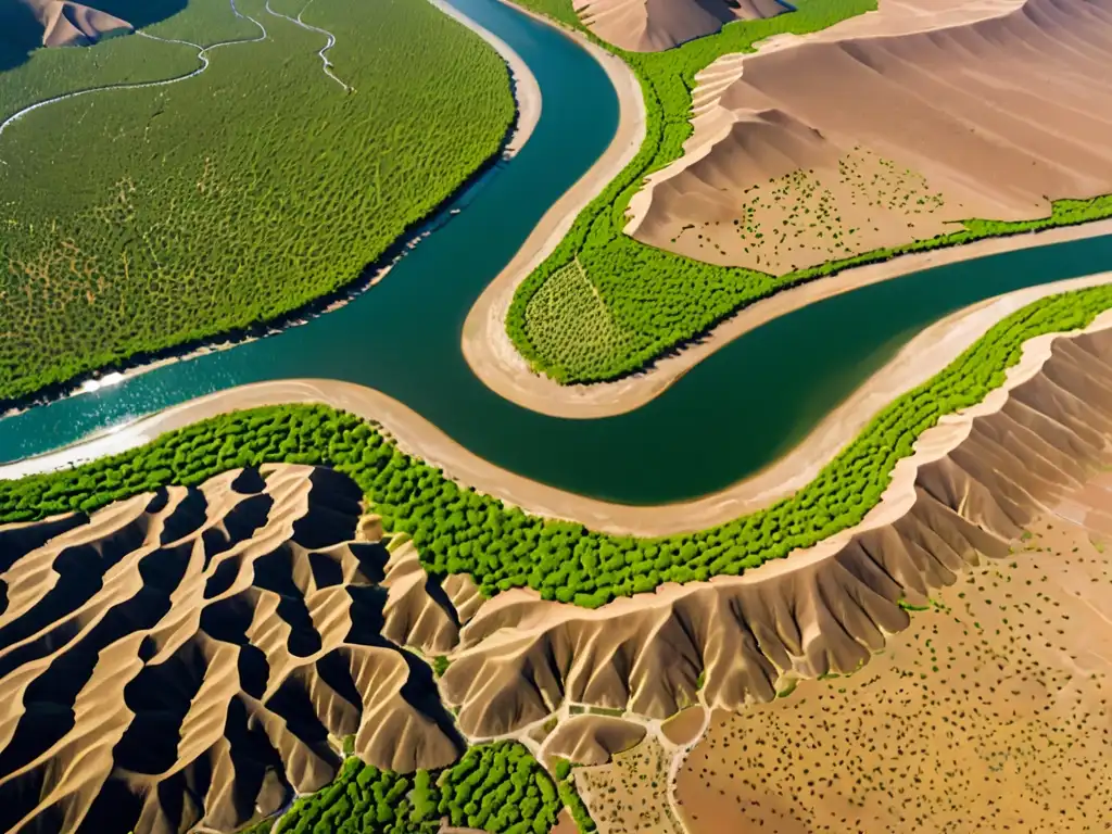 Un río serpenteante fluye a través de un paisaje árido, resaltando la importancia de la gestión sostenible del agua global