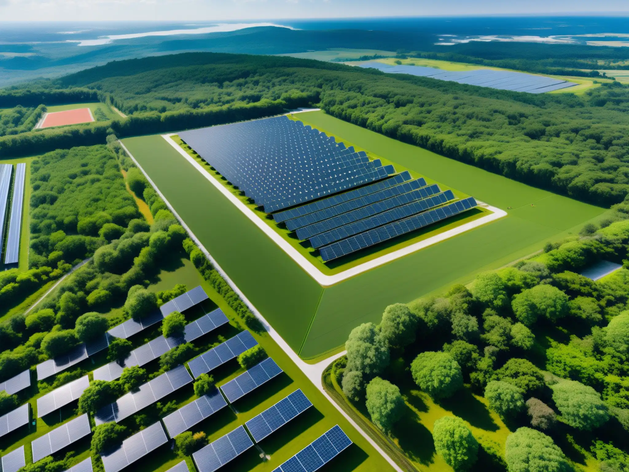 Un data center rodeado de vegetación con paneles solares en el techo, reflejando la sostenibilidad y las regulaciones sobre emisiones en data centers