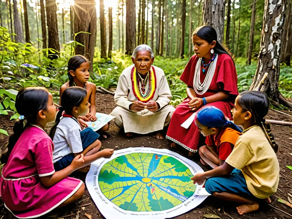 Un sabio anciano guía a niños indígenas en la selva, enseñando sobre conservación ambiental