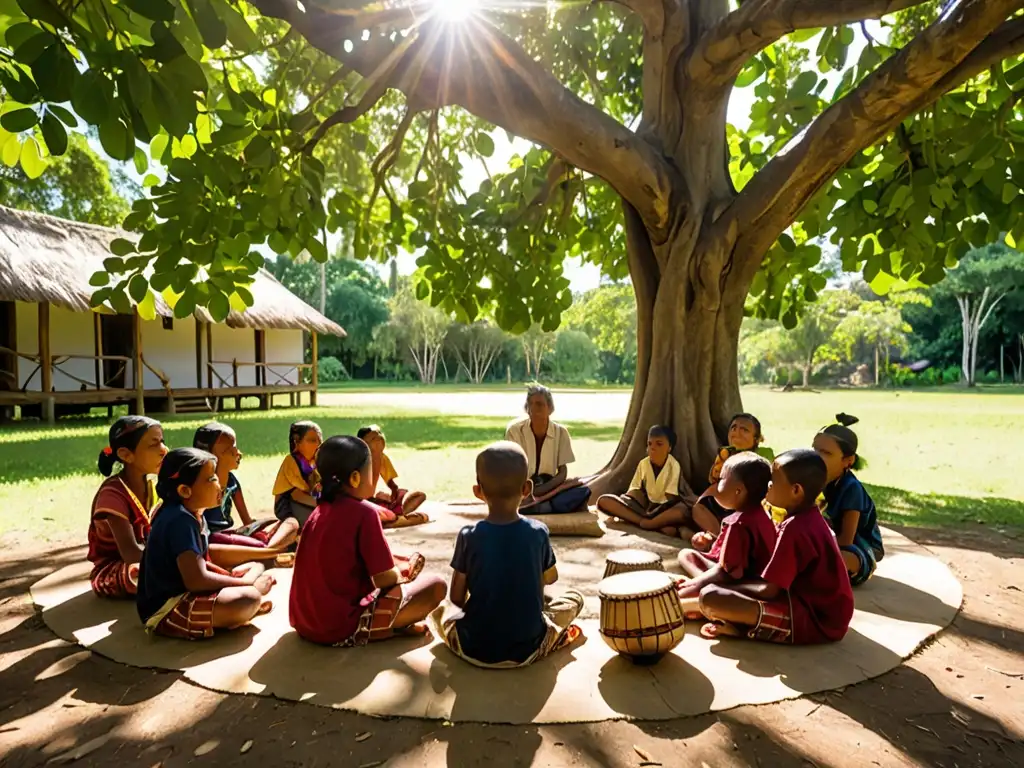 Un sabio indígena comparte conocimiento con niños bajo un árbol en un entorno natural