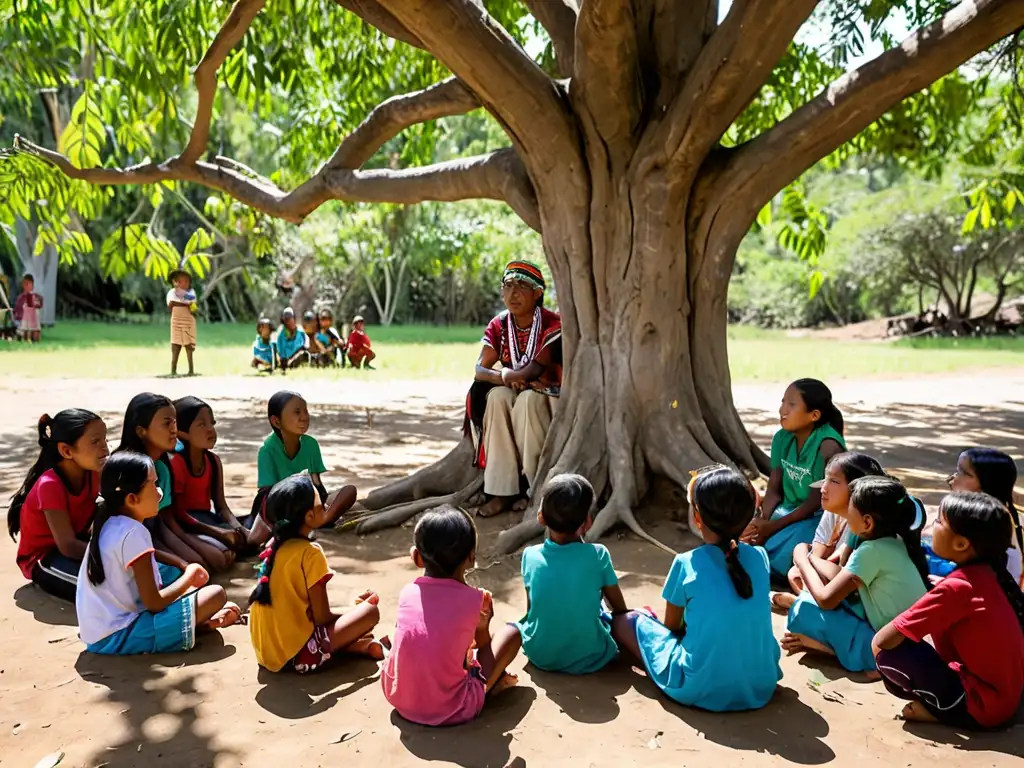 Un sabio comparte sabiduría ambiental con niños indígenas bajo un árbol