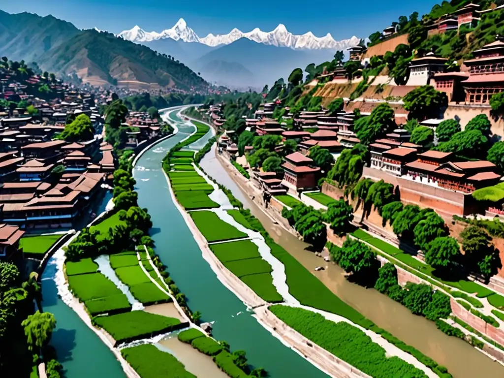 El sagrado río Bagmati fluye a través del valle de Katmandú, rodeado de exuberante vegetación y custodiado por la majestuosa cordillera del Himalaya