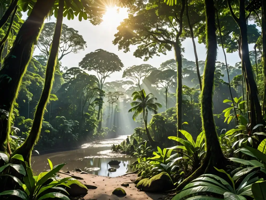 Selva del Amazonas con árboles altos, vida salvaje, río serpenteante y luz filtrándose a través del dosel, mostrando la biodiversidad y el impacto de acuerdos internacionales medio ambiente