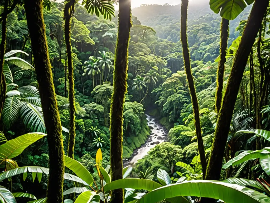 Selva exuberante en Costa Rica con río serpenteante, vegetación tropical, vida silvestre y luz filtrándose