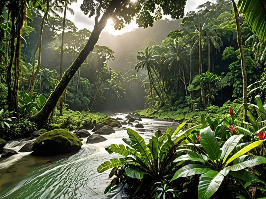 Selva exuberante en Papúa Nueva Guinea, con luz filtrándose a través del dosel, iluminando flora verde, flores exóticas y vida silvestre