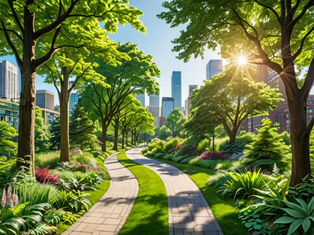 Sendero forestal urbano con árboles frondosos, luz solar filtrándose y un paisaje urbano al fondo