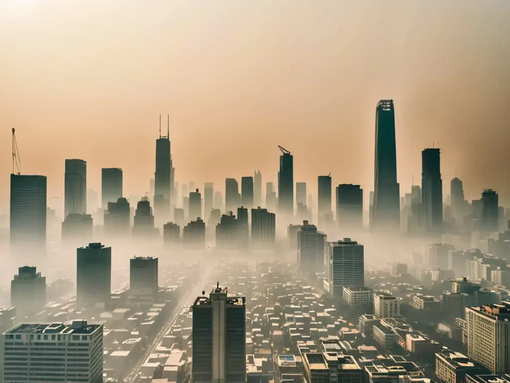 Silueta de rascacielos y edificios apenas visibles entre el smog en una ciudad densamente poblada