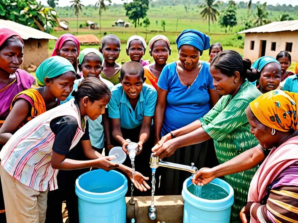 Un sistema de filtración de agua en una comunidad rural, con residentes llenando recipientes y expresando gratitud